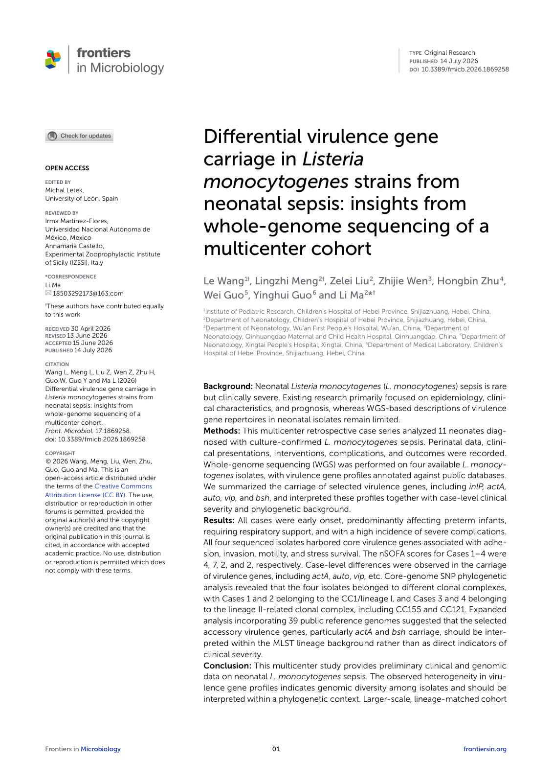 Differential virulence gene carriage in Listeria monocytogenes strains from neonatal sepsis: insights from whole-genome sequencing of a multicenter cohort